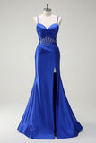 Royal Blue Spaghetti Straps Mermaid Satin Prom Dress with Slit