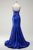 Royal Blue Spaghetti Straps Mermaid Satin Prom Dress with Slit