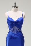 Royal Blue Spaghetti Straps Mermaid Satin Prom Dress with Slit