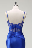 Royal Blue Spaghetti Straps Mermaid Satin Prom Dress with Slit