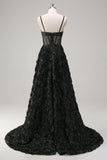 Black Spaghetti Straps Keyhole Corset Floral A-Line Prom Dress with Slit