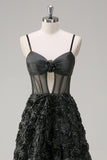 Black Spaghetti Straps Keyhole Corset Floral A-Line Prom Dress with Slit