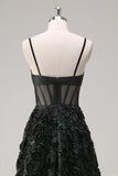 Black Spaghetti Straps Keyhole Corset Floral A-Line Prom Dress with Slit