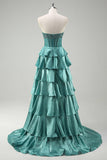 Tiered Ruffles Peacock Green Strapless Prom Dress with Beading