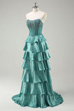 Tiered Ruffles Peacock Green Strapless Prom Dress with Beading