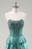 Tiered Ruffles Peacock Green Strapless Prom Dress with Beading