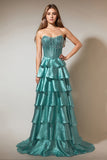 Tiered Ruffles Peacock Green Strapless Prom Dress with Beading