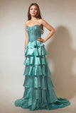 Tiered Ruffles Peacock Green Strapless Prom Dress with Beading