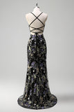 Sparkly Spaghetti Straps Black Sequined Mermaid Floral Prom Dress