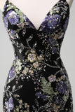 Sparkly Spaghetti Straps Black Sequined Mermaid Floral Prom Dress