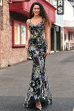 Sparkly Spaghetti Straps Black Sequined Mermaid Floral Prom Dress