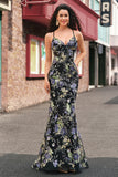 Sparkly Spaghetti Straps Black Sequined Mermaid Floral Prom Dress