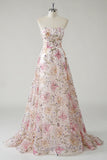 Leely Women Strapless Pink Sequined Floral A-Line Prom Dress Sleeveless Floor Length Ball Gown Pageant Dress