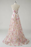 Strapless Pink Sequined Floral A-Line Prom Dress