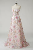 Strapless Pink Sequined Floral A-Line Prom Dress