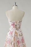 Strapless Pink Sequined Floral A-Line Prom Dress