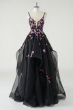 Spaghetti Straps Black Ruffled Ball Gown Prom Dress with Sequins