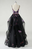 Spaghetti Straps Black Ruffled Ball Gown Prom Dress with Sequins