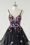 Spaghetti Straps Black Ruffled Ball Gown Prom Dress with Sequins