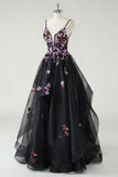 Spaghetti Straps Black Ruffled Ball Gown Prom Dress with Sequins