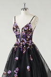 Spaghetti Straps Black Ruffled Ball Gown Prom Dress with Sequins