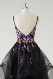 Spaghetti Straps Black Ruffled Ball Gown Prom Dress with Sequins