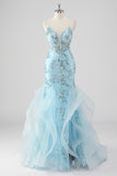 Sparkly Sky Blue Spaghetti Straps Sheath Sequined Prom Dress with Ruffles