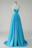 Blue V-Neck Strapless Corset A-Line Prom Dress with Slit