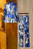 Sparkly Royal Blue Shawl Lapel 2 Piece Women's Party Suit