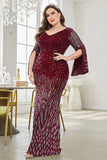 Burgundy Glitter Mermaid V Neck Mother of the Bride Dress with Beaded