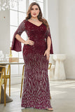 Burgundy Glitter Mermaid V Neck Mother of the Bride Dress with Beaded