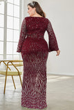 Burgundy Glitter Mermaid V Neck Mother of the Bride Dress with Beaded