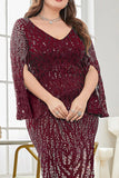 Burgundy Glitter Mermaid V Neck Mother of the Bride Dress with Beaded