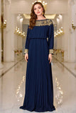 Navy Pleated A Line Boat Neck Long Mother of the Bride Dress