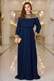 Navy Pleated A Line Boat Neck Long Mother of the Bride Dress