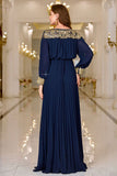 Navy Pleated A Line Boat Neck Long Mother of the Bride Dress