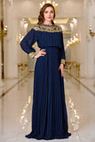 Navy Pleated A Line Boat Neck Long Mother of the Bride Dress