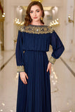 Navy Pleated A Line Boat Neck Long Mother of the Bride Dress