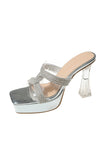 Sparkly Silver Square Toe Thick Sole High Heel Sandals