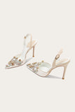 Apricot Glitter Lace High Heels with Rhinestones