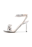 Glitter Silver Ankle Straps Open Toe High Heels with Rhinestones Bow