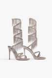 Glitter Silver Open Toe Strappy Tassels High Heels with Beading