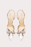 Sparkly White Ankle Strap Pointed Toe High Heels with Bow