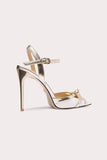 Sparkly White Ankle Strap Pointed Toe High Heels with Bow