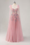 Pink A-Line Lace Up Back Long Prom Dress with Appliques