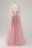 Pink A-Line Lace Up Back Long Prom Dress with Appliques