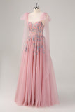 Pink A-Line Lace Up Back Long Prom Dress with Appliques