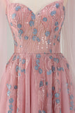 Pink A-Line Lace Up Back Long Prom Dress with Appliques