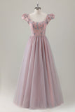 Grey Pink A-Line Floral Short Sleeves Long Prom Dress with Appliques