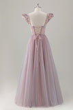 Grey Pink A-Line Floral Short Sleeves Long Prom Dress with Appliques